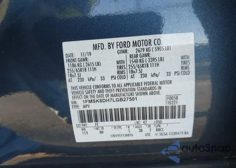 2020 Ford Explorer Xlt from USA, damaged, VIN 1FMSK8DH7LGB27501